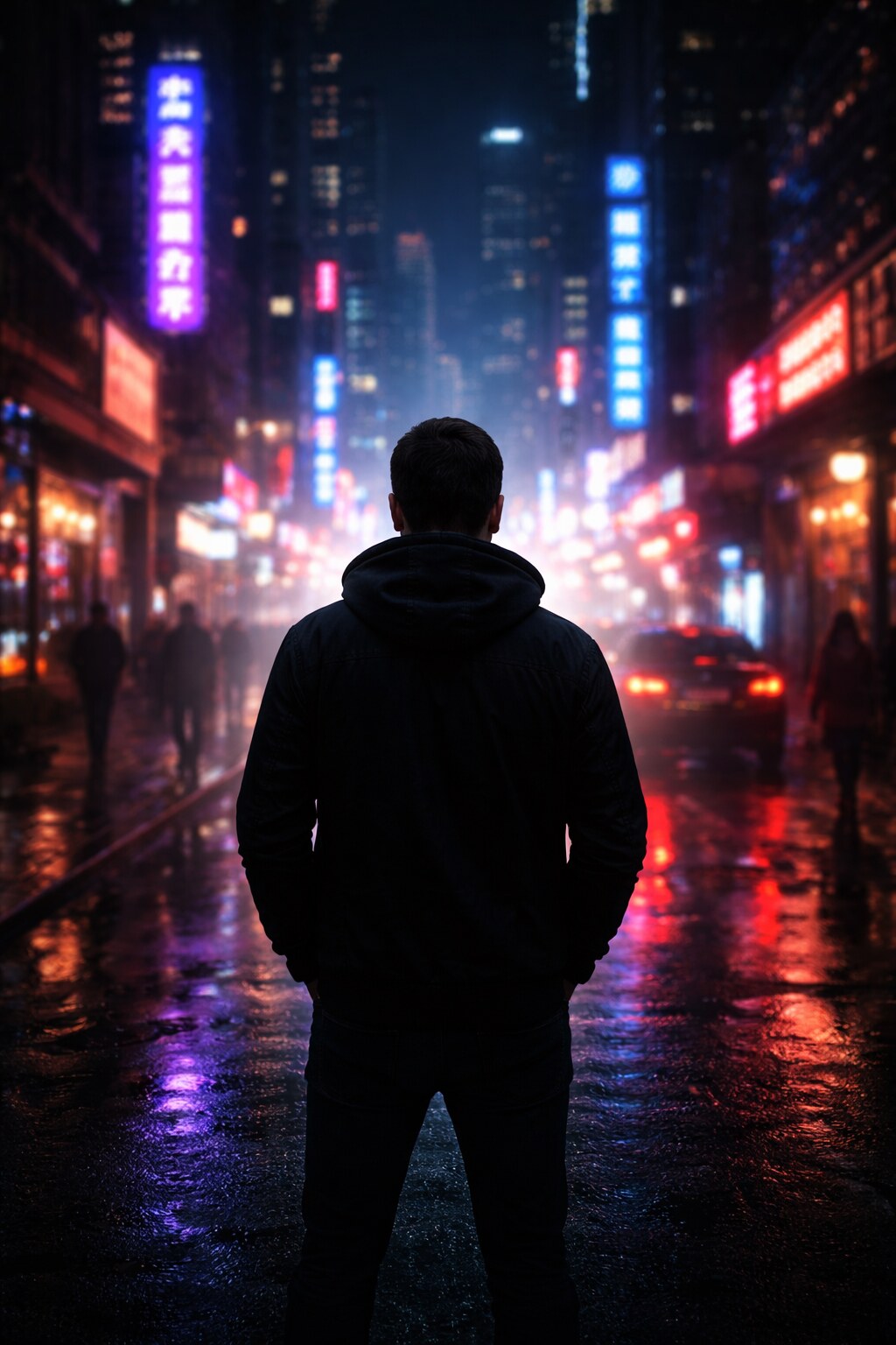 Мужчина ночью в городе с неоновыми огнями