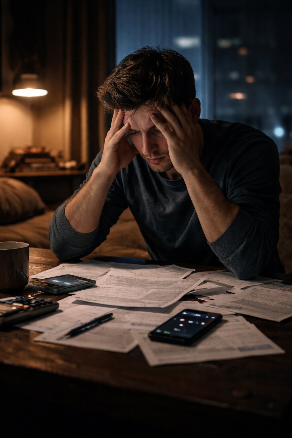 Уставший человек в тёмной комнате с долгами